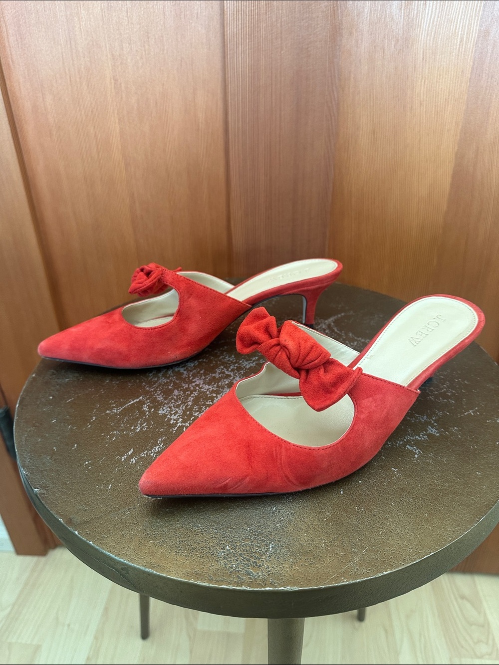 J. Crew Red Suede Pointed Bow Mule Heels